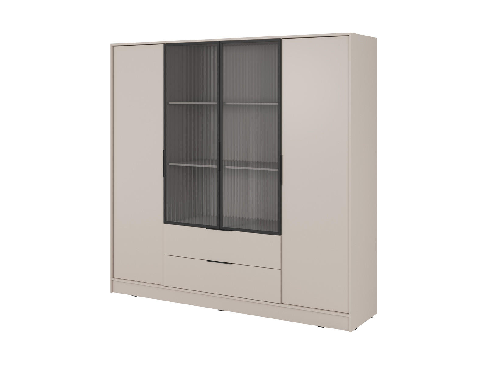 KLEIDERSCHRANK RICADI 4D RM (Kaschmir, Riffelglas, 4 Türen, 2 Schubladen, Kunststoffgriffe) - Kaschmir/Schwarz, Holz/Holzwerkstoff (206/200/51cm) - Ravio