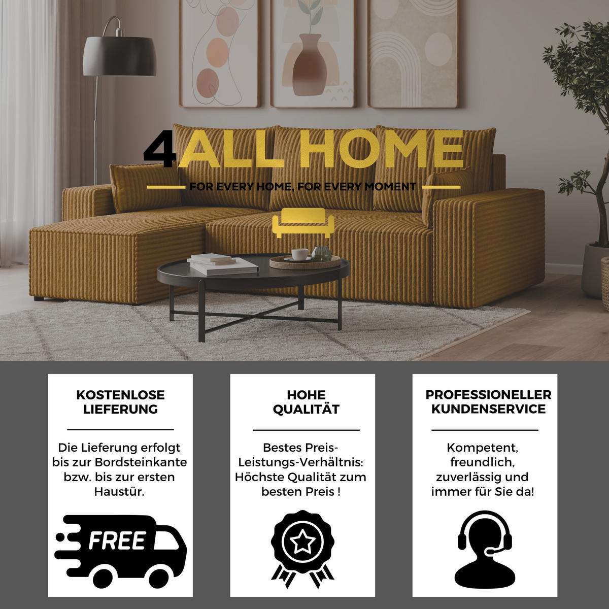 ECKSOFA Tobi mit Bettkasten und Schlaffunktion, L-Form, Cordstoff, Universal - Currygelb, Holzwerkstoff (246/145cm) - 4ALL HOME