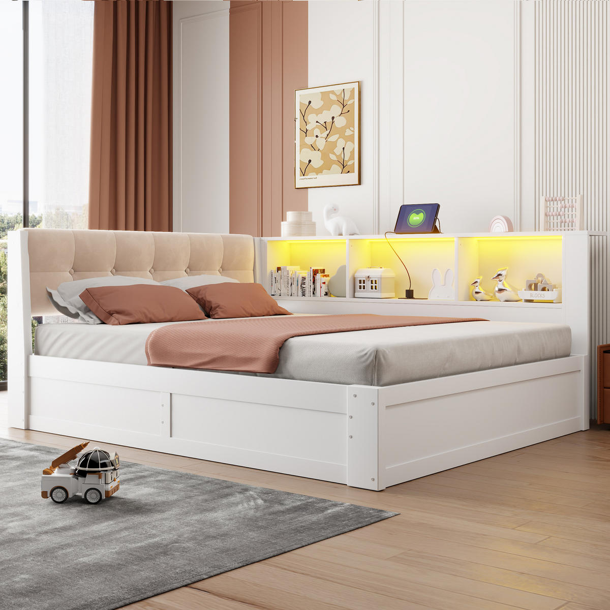 BETT 140/200 cm in Weiß mit Bettkasten, Regal und USB aus Kiefernholz und MDF - Beige/Weiß, Holzwerkstoff/Textil (140/200cm) - STILVORA