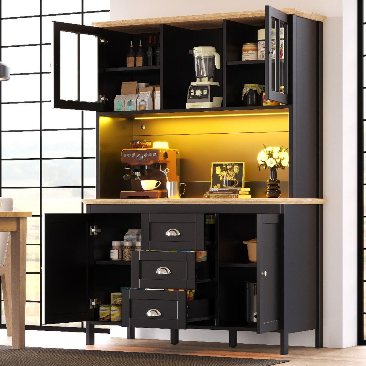 KÜCHENSCHRANK, MIT LED-BELEUCHTUNG, 4 Türen, 3 Schubladen, MDF/Metall, Schwarz-Weiß, Küche/Wohnzimmer, 120/40/179 cm - Schwarz, Kunststoff (40/179/120cm) - Rolipo