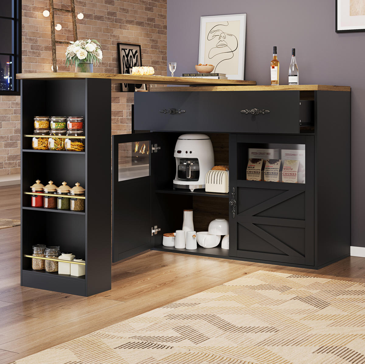 BARTISCH aus MDF, ausziehbar 138-204/39/104 cm mit 360° Drehfunktion & Stauraum, Schwarz - Schwarz, Holzwerkstoff (39/104/138cm) - Redom