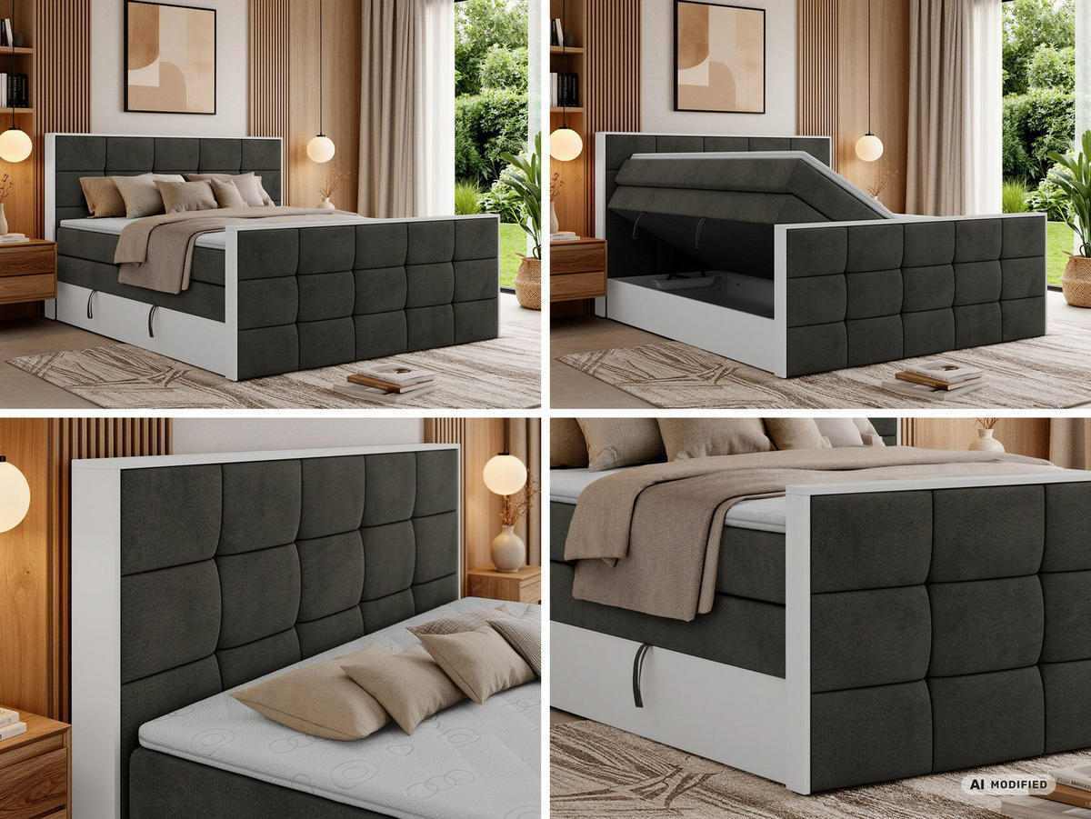 BOXSPRINGBETT ALVIT KING DUO 200/200 - Dunkelgrau Velvet - Topper Visco - H3 - Dunkelgrau/Anthrazit, Kunststoff/Textil (200/200cm) - MKS