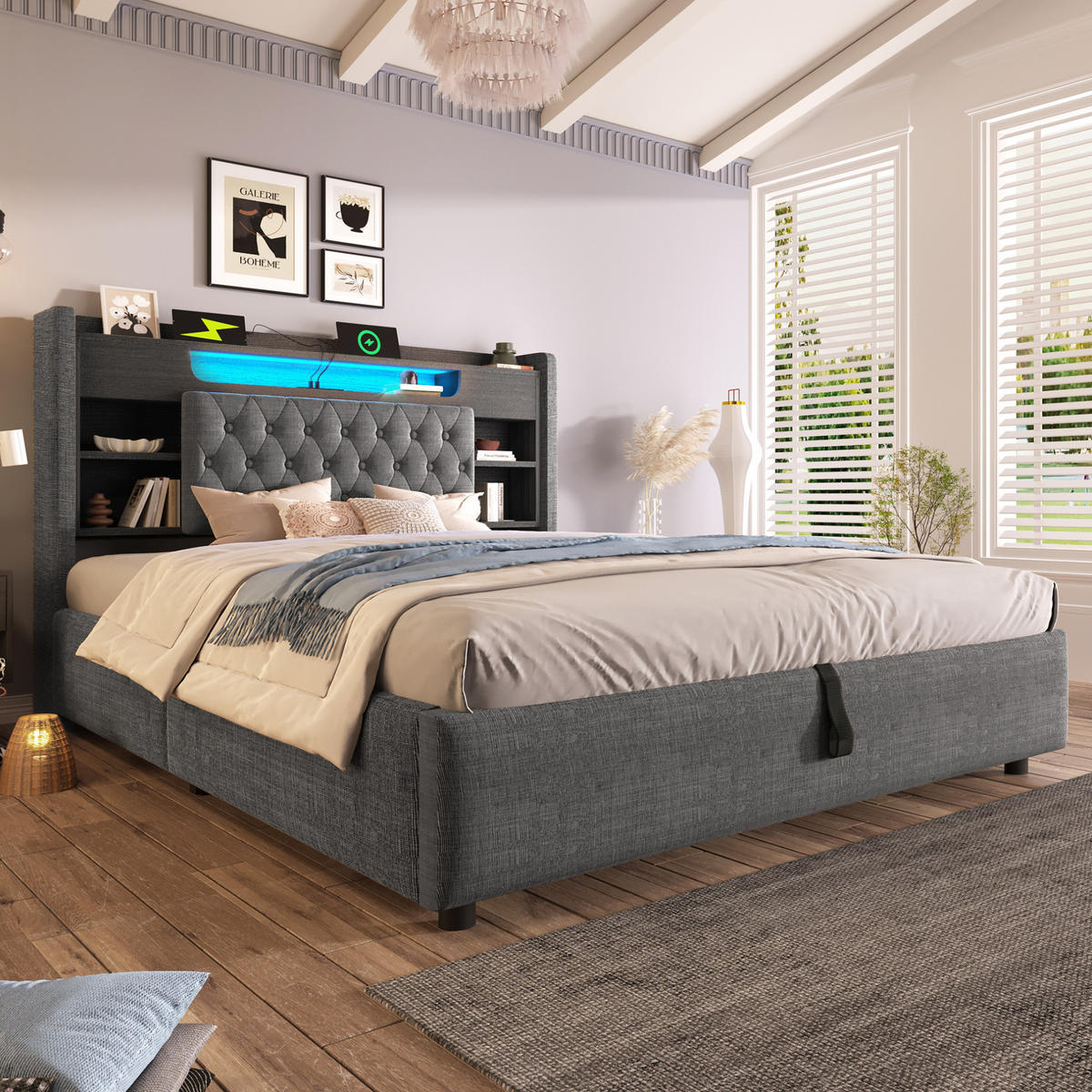 ČALOUNĚNÁ postel 180/200 cm s LED osvětlením, USB-C a hydraulickým úložným prostorem, šedá - šedá, textil (180/200cm) - Redom
