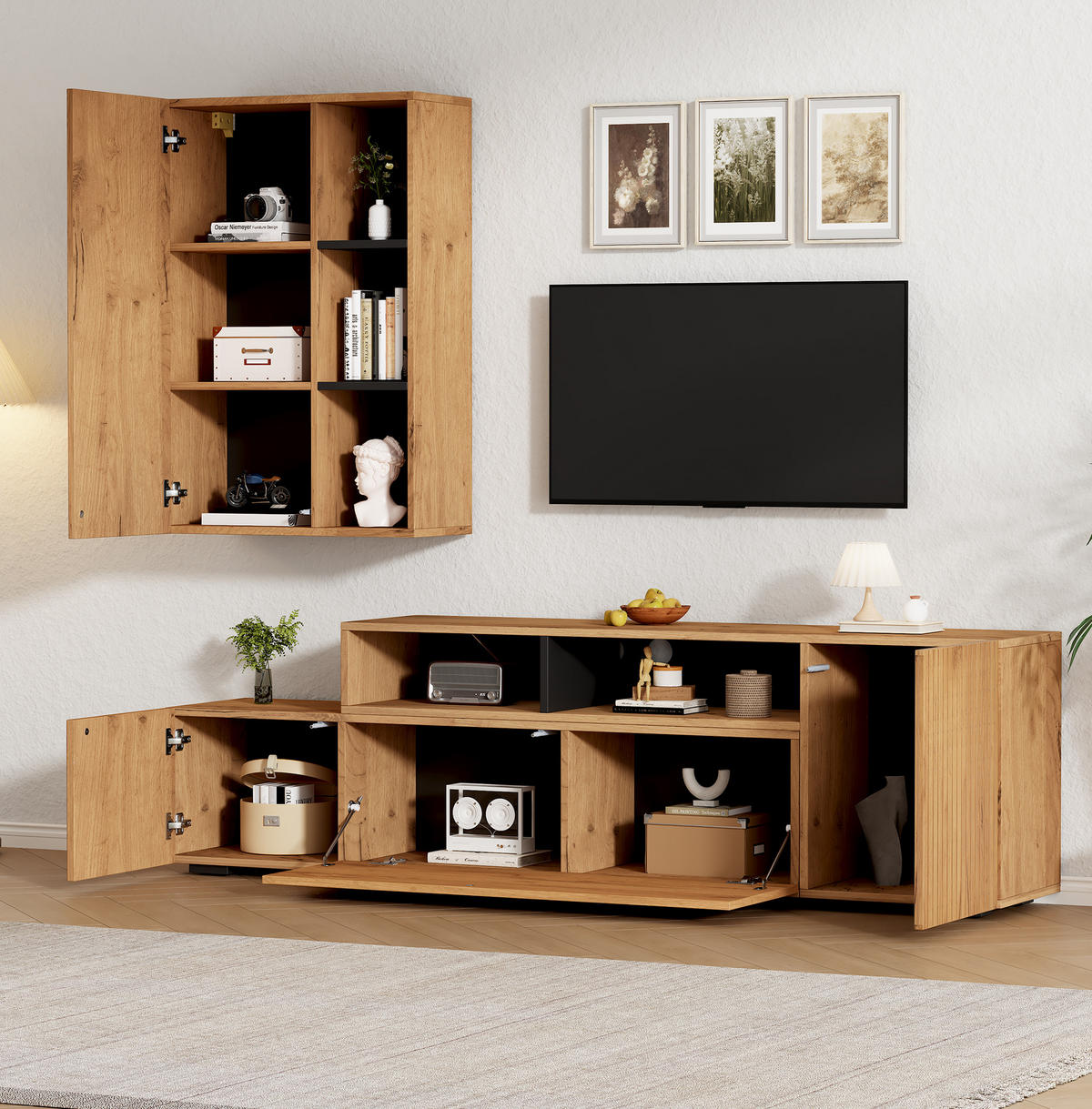 TV-WOHNWAND längenverstellbar 174-265 cm Holzfarbe/Schwarz 2-tlg. - Braun, Holzwerkstoff (35/122/173.5cm) - Beauniv