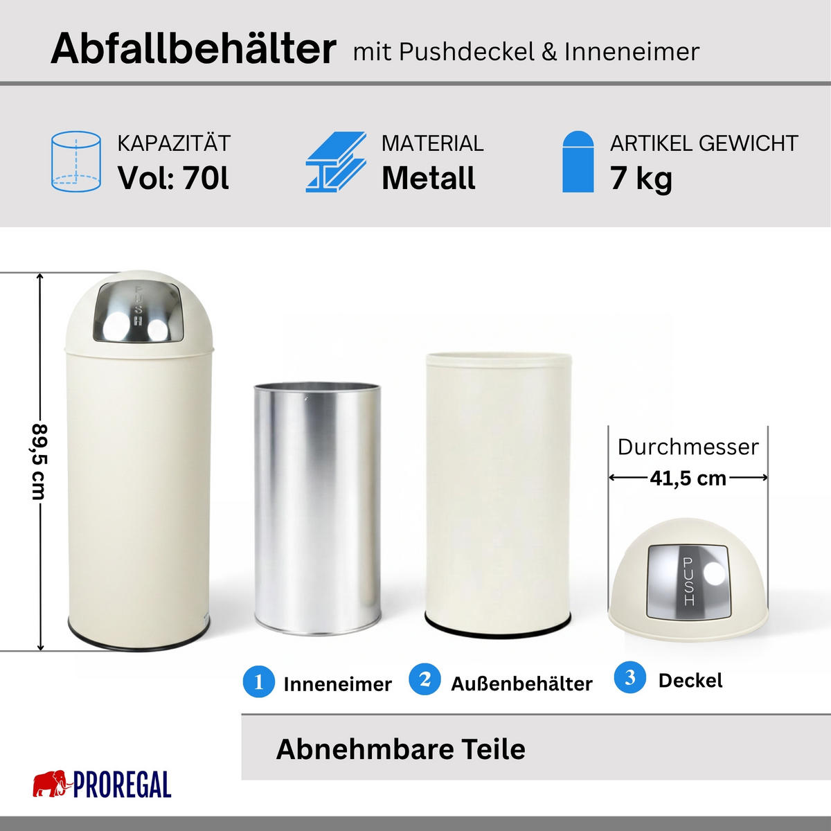 MÜLLEIMER 70 Liter mit Push Klappe Creme - Creme, Metall (41.5/89.5/41.5cm) - PROREGAL