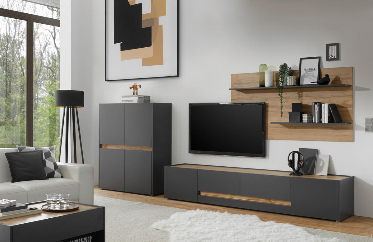 WOHNWAND 2-teilig grau matt, Eiche Wotan 300 cm, Wohnkombination mit XXL Lowboard - Eiche Wotan/Grau, Holz/Holzwerkstoff (300/180/45cm) - Furn.Design