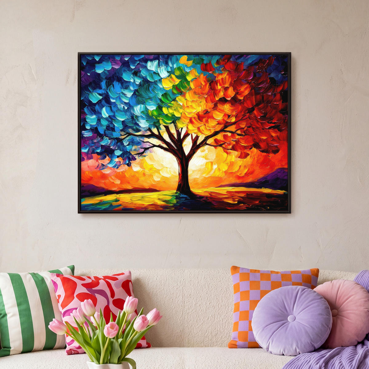 LEINWAND Bilder mit Rahmen - Baum - Kunst - Natur - Sonnenuntergang - 70x50 - Multicolor, Textil (70/50cm) - MuchoWow