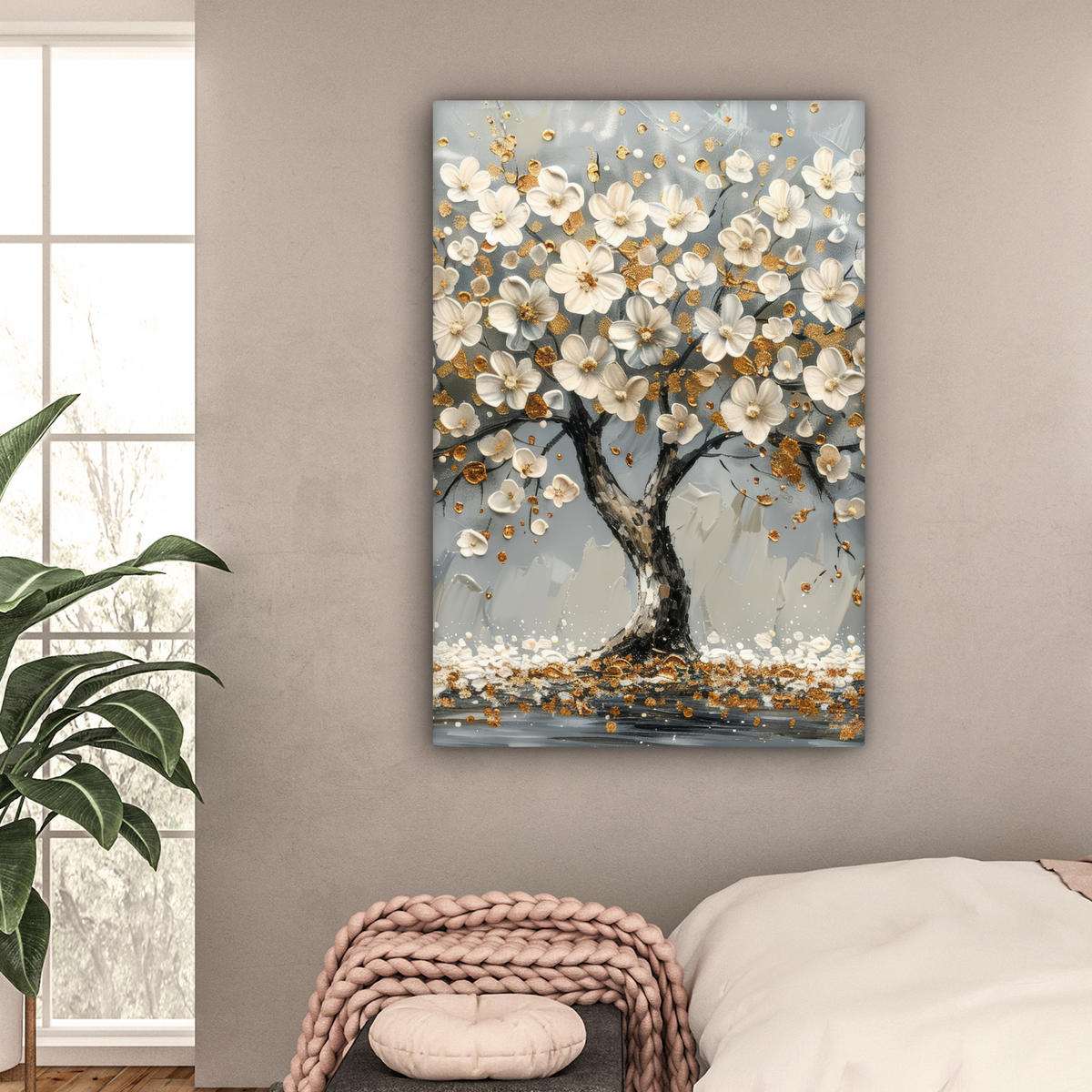 LEINWANDBILD Baum - Blumen - Weiß - Natur - Kunst 80x120 cm - Weiß, Textil (80/120cm) - MuchoWow