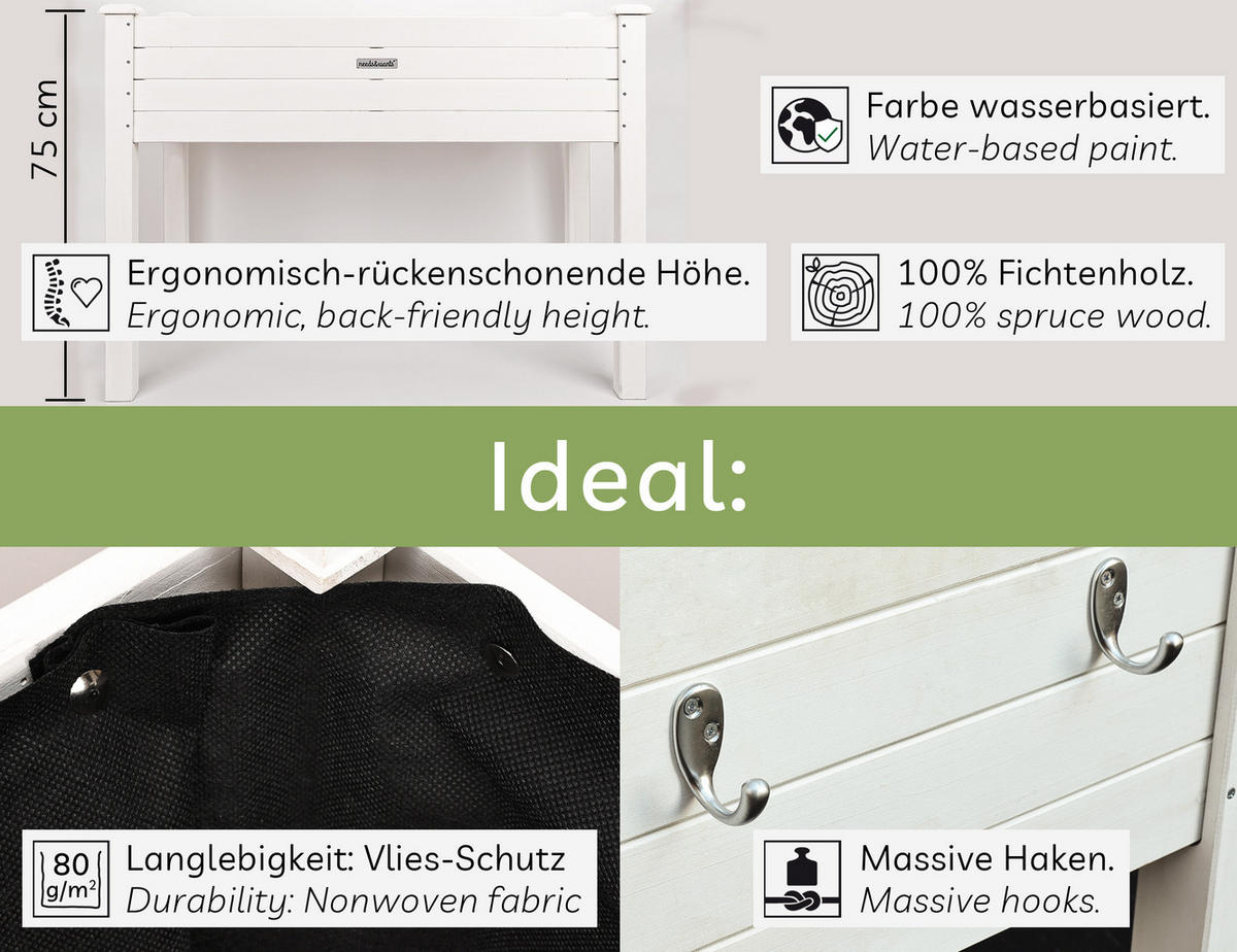 HOCHBEET aus Holz für Garten & Balkon, rechteckig mit Vlies-Folie - Weiß, Holz (100/75/50cm) - needs&wants