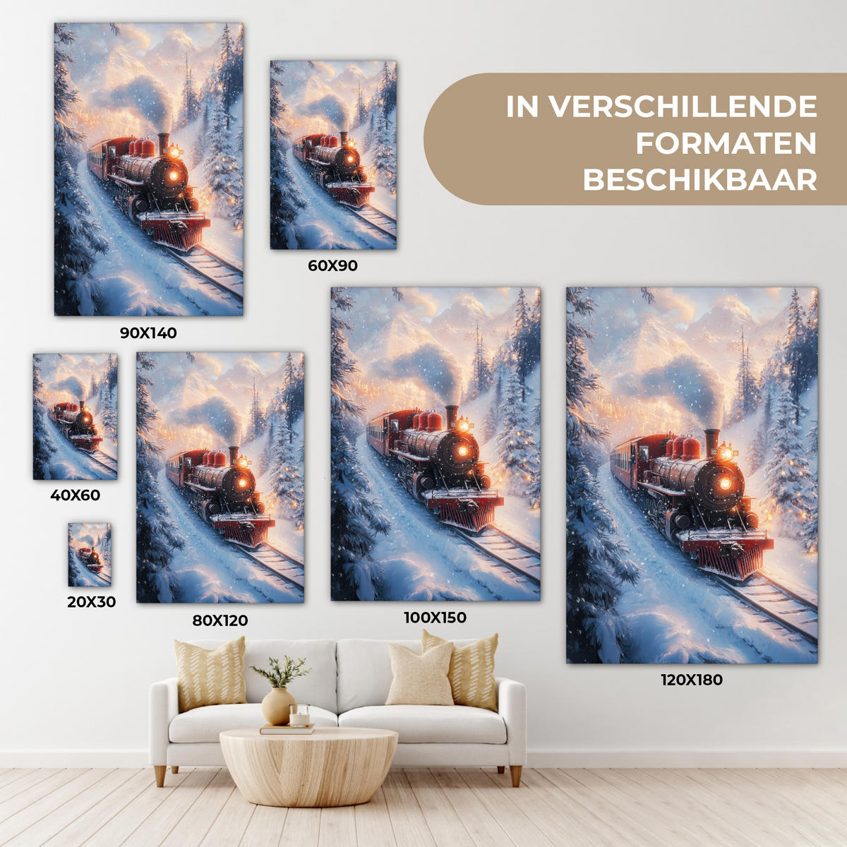 LEINWANDBILD Weihnachtszug - Schnee - Winter - Weihnachten Wanddeko Schlafzimmer 60x90 cm - Dunkelrot, Textil (60/90cm) - MuchoWow