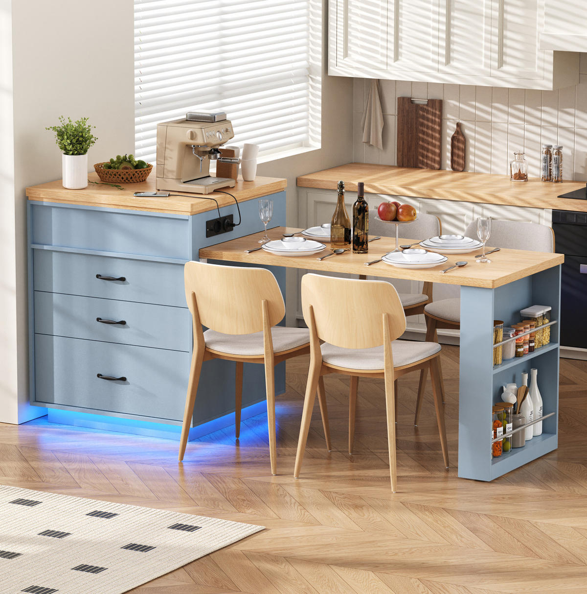 KÜCHENINSEL 125,5-187,5/71/93 cm aus MDF mit ausziehbarer Tischplatte, LED-Beleuchtung, USB/Type-C und Rollen, Blau - Hellblau, Holzwerkstoff (125.5/93/71cm) - Redom