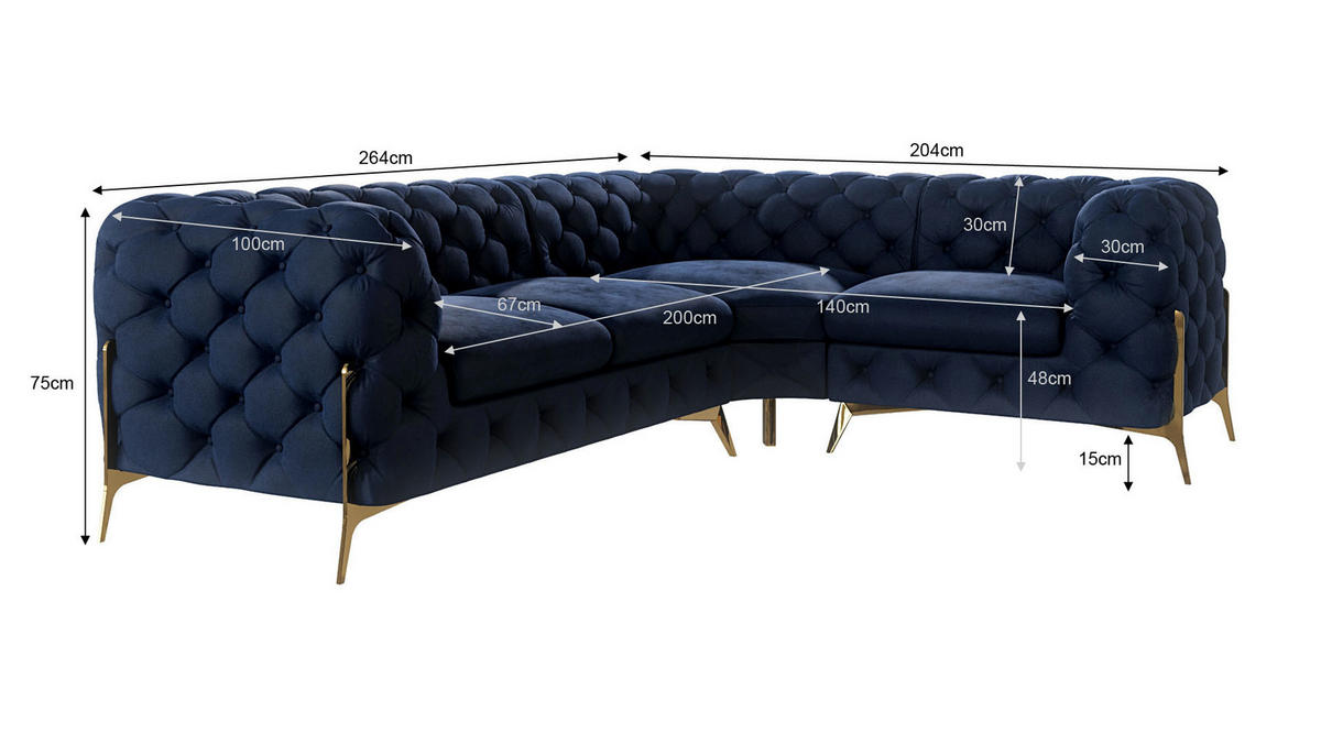 ECKSOFA Chesterfield Lexi Marineblau Samt, Ottomane rechts - Goldfarben/Dunkelblau, Holz/Textil (264/204cm) - S-Style Möbel