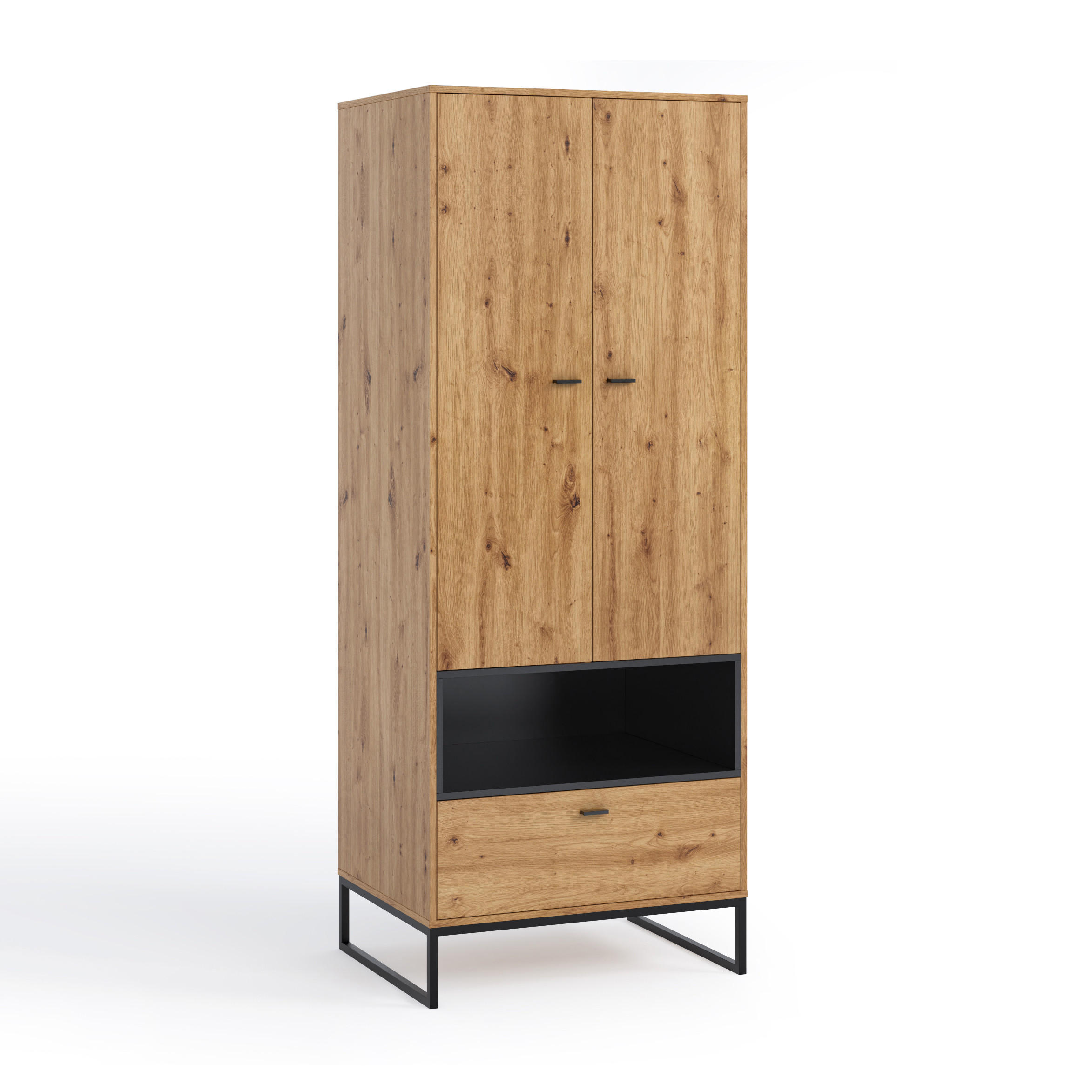 DREHTÜRENSCHRANK OMAN mit 2 Türen und 1 Schublade, eiche Artisan+Schwarz - Schwarz/Eiche Artisan, Holzwerkstoff/Metall (80/202/60cm) - Beautysofa