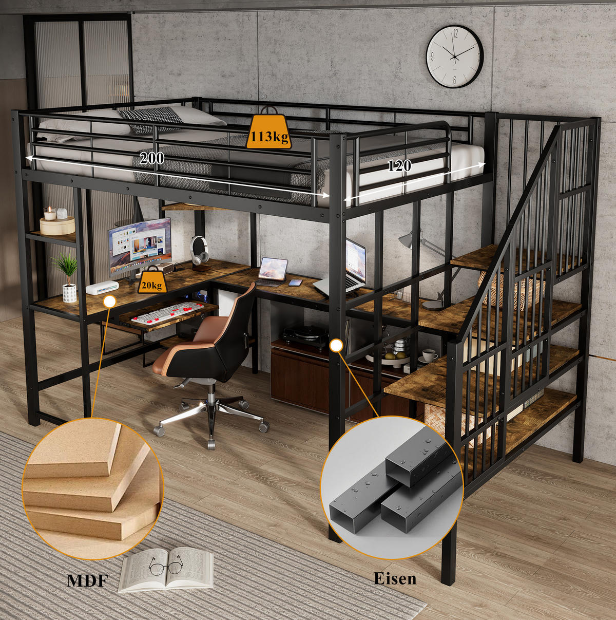 HOCHBETT 120/200 cm Schwarz mit Ladeanschluss und Lattenrost - Schwarz, Metall (120/200cm) - MIVRAY
