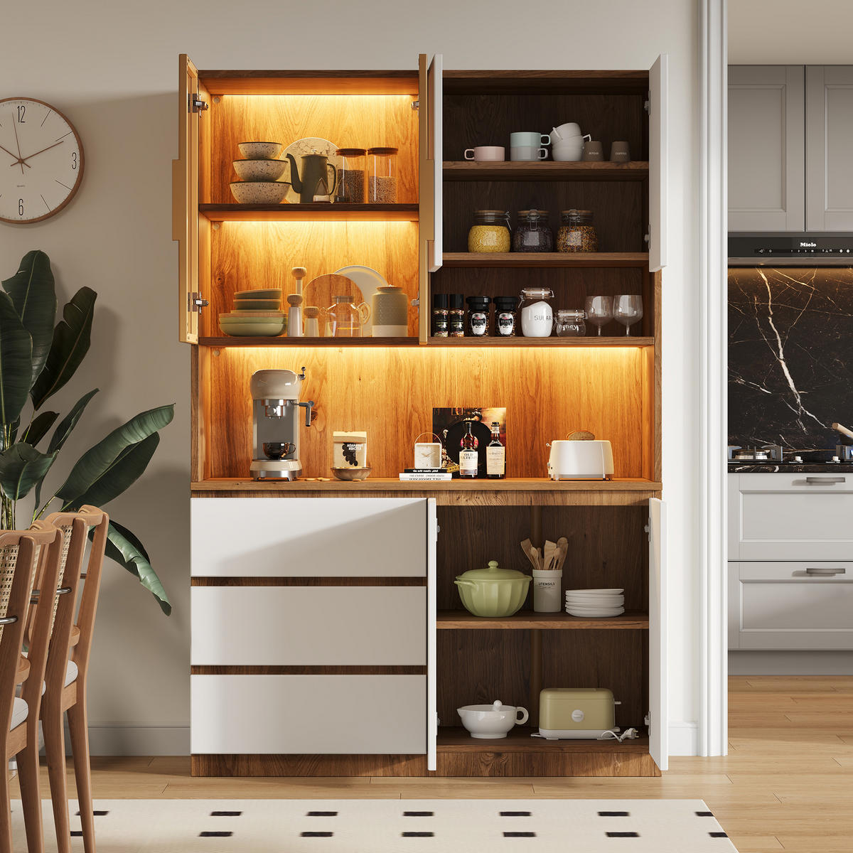BUFFET SCHRANK LED 6 Türen 3 Schubladen 180cm Weiß - Weiß, Glas (120.5/180/40cm) - FLIEKS