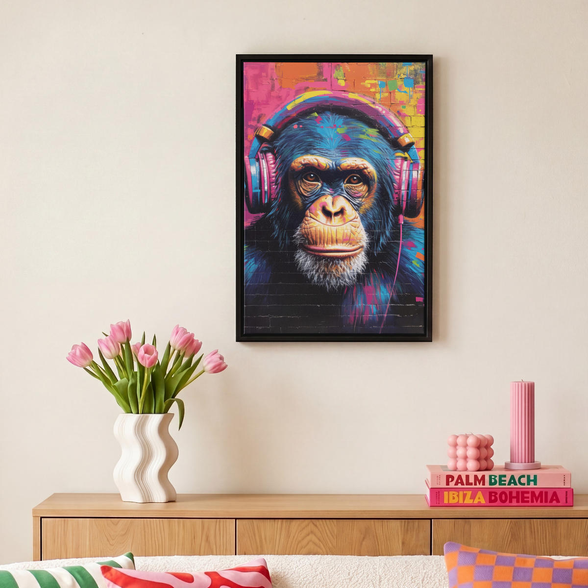 LEINWAND Bilder mit Rahmen - Graffiti - Schimpanse - Straßenkunst - Kopfhörer - Affe - 20x30 - Blau, Textil (20/30cm) - MuchoWow