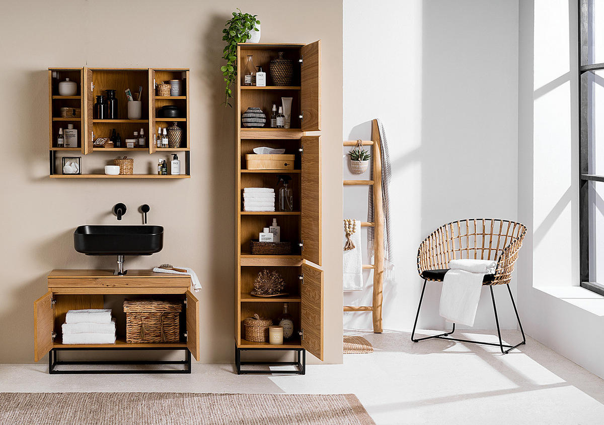 HOCHSCHRANK - Echtholzfurnier / Eisen - Eiche / Schwarz - Eichefarben, Holzwerkstoff/Metall (39/191/30cm) - home24