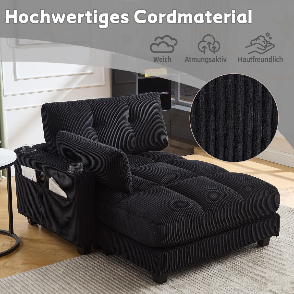 RÉCAMIERE Cord Schwarz mit Getränkehaltern, USB und Seitentasche - Schwarz, Holzwerkstoff/Kunststoff (140/81/121cm) - WISHDOR
