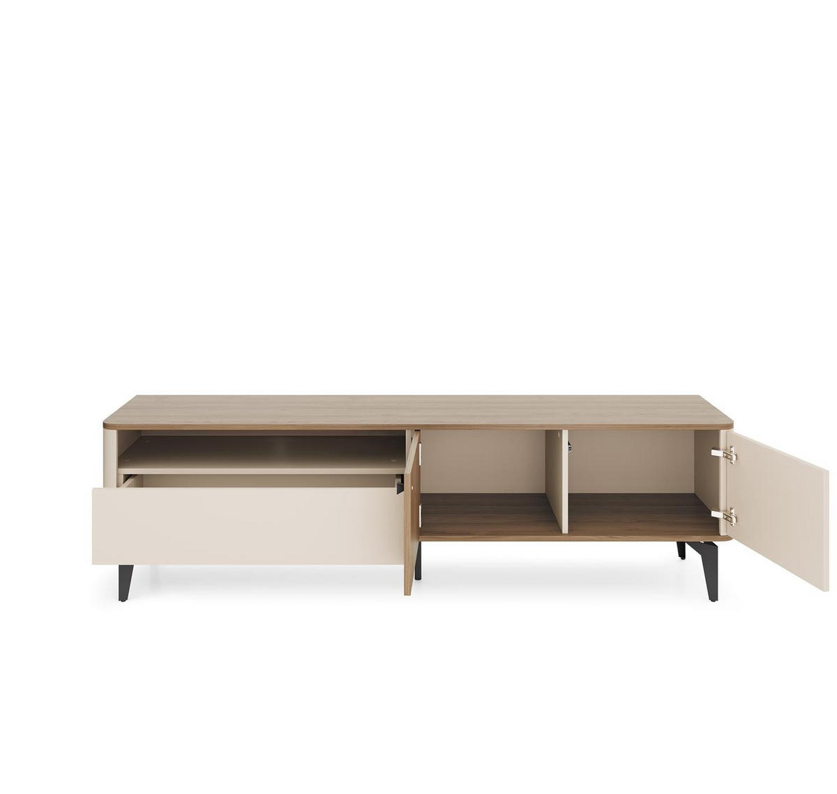 RTV-SCHRANK Aurena Kaschmir und Walnuss, Fernsehtisch mit abgerundeten Seiten - Beige/Schwarz, Holzwerkstoff/Metall (180/51/40cm) - Bettso