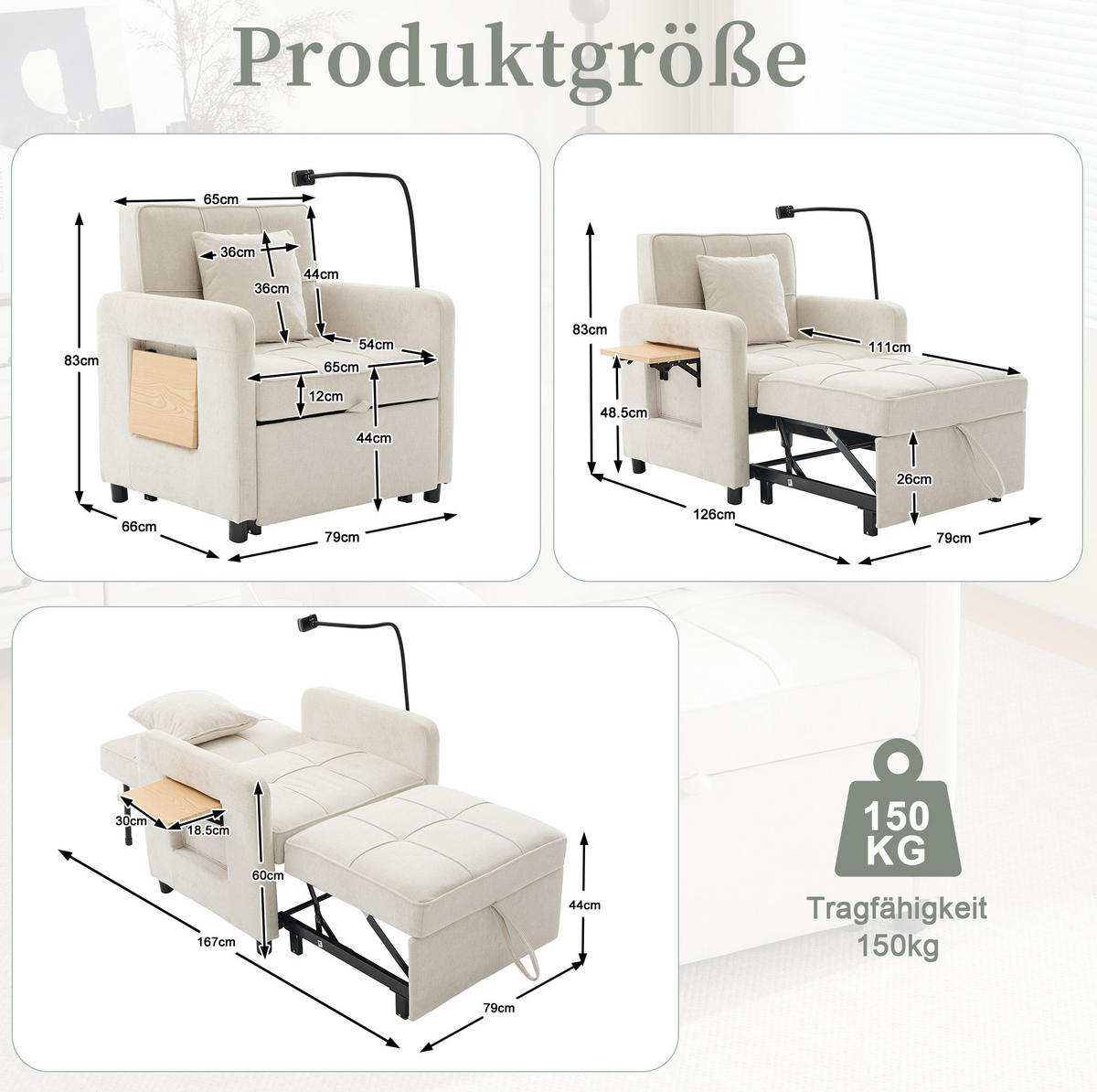 SCHLAFSESSEL 167/79/83 cm Beige aus Chenille mit verstellbarer Rückenlehne und Stauraum - Beige, Textil (79/83/167cm) - OKWISH