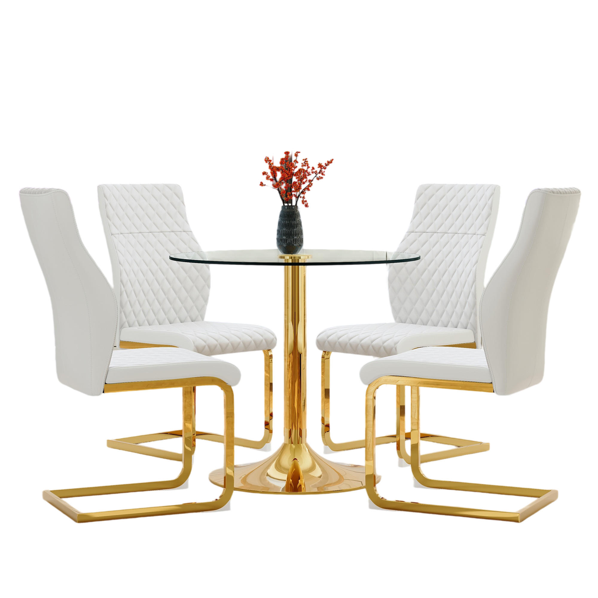ESSGRUPPE DE-39470 5-teilig, Glastisch und 4 Stühlen mit Rautenmuster Weiß - Weiß, Metall (85/75/85cm) - ComfortXL