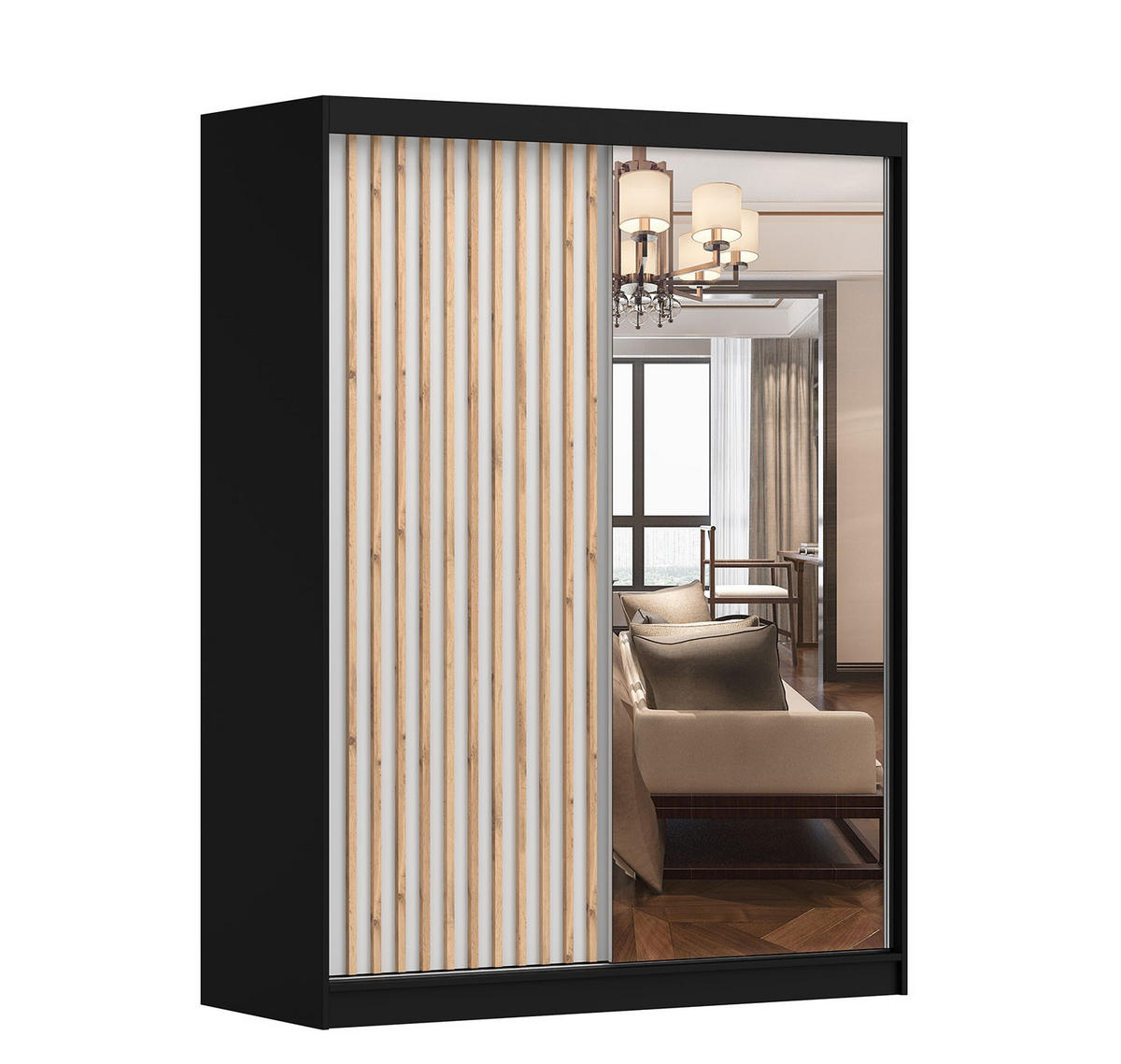 SCHWEBETÜRENSCHRANK LAMI B Schwarz/Sonoma Eiche mit Spiegel, ohne LED Beleuchtung 150 cm - Alufarben/Schwarz, Glas/Holzwerkstoff (150/200/61cm) - imoebel24