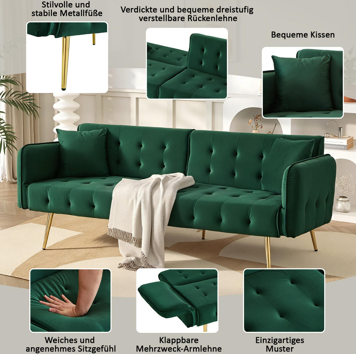 2-SITZER Schlafsofa Samt mit verstellbarer Rückenlehne und Armlehnen Grün 178/82/70 cm - Grün, Textil (82/70/178cm) - Redom