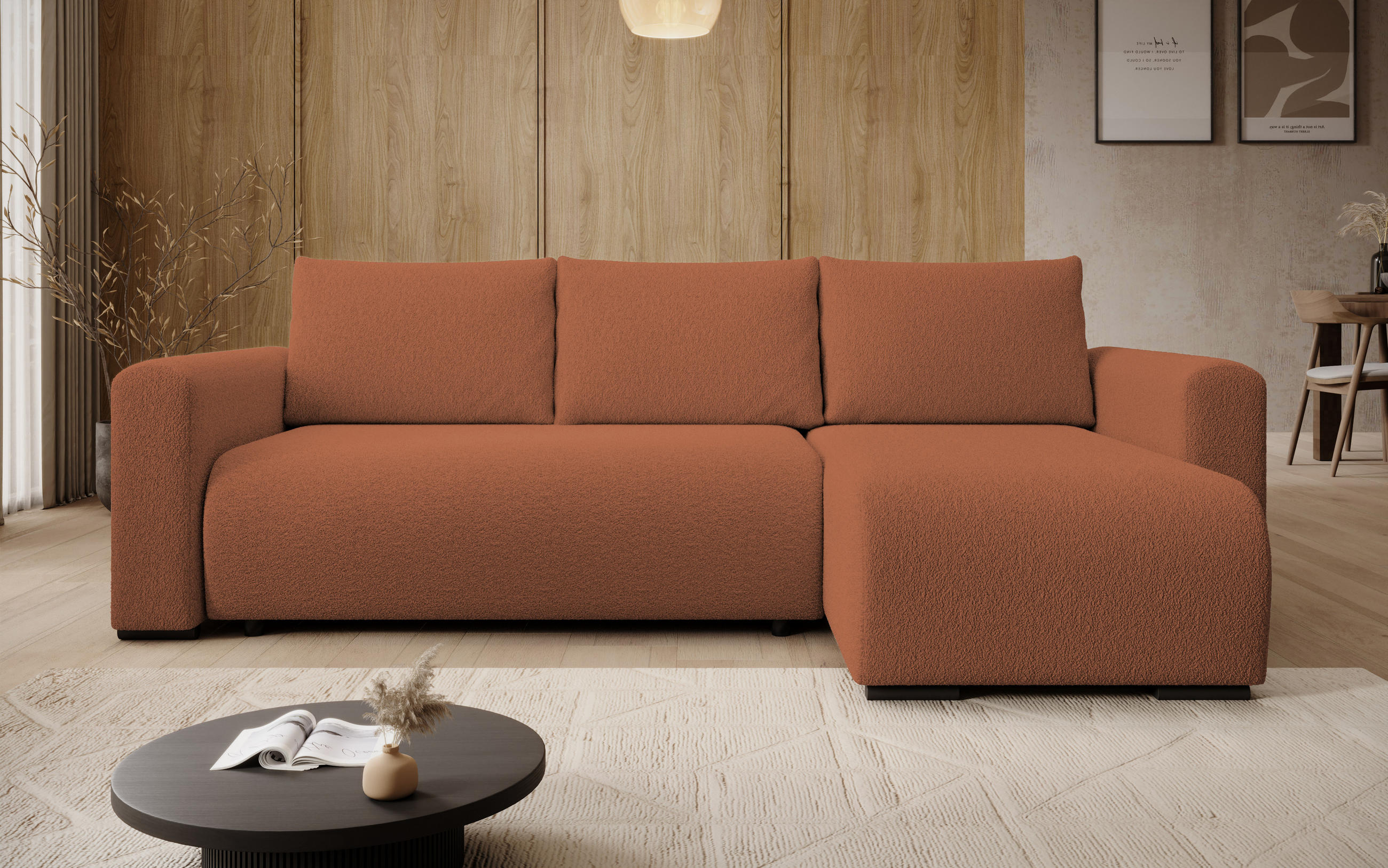 ECKSOFA DORA L, Eckcouch in L-Form mit Schlaffunktion und Bettkasten, Farbe: Orange, Bouclé-Stoff, Ottomane Rechts - Orange, Textil (240/143cm) - Storez24