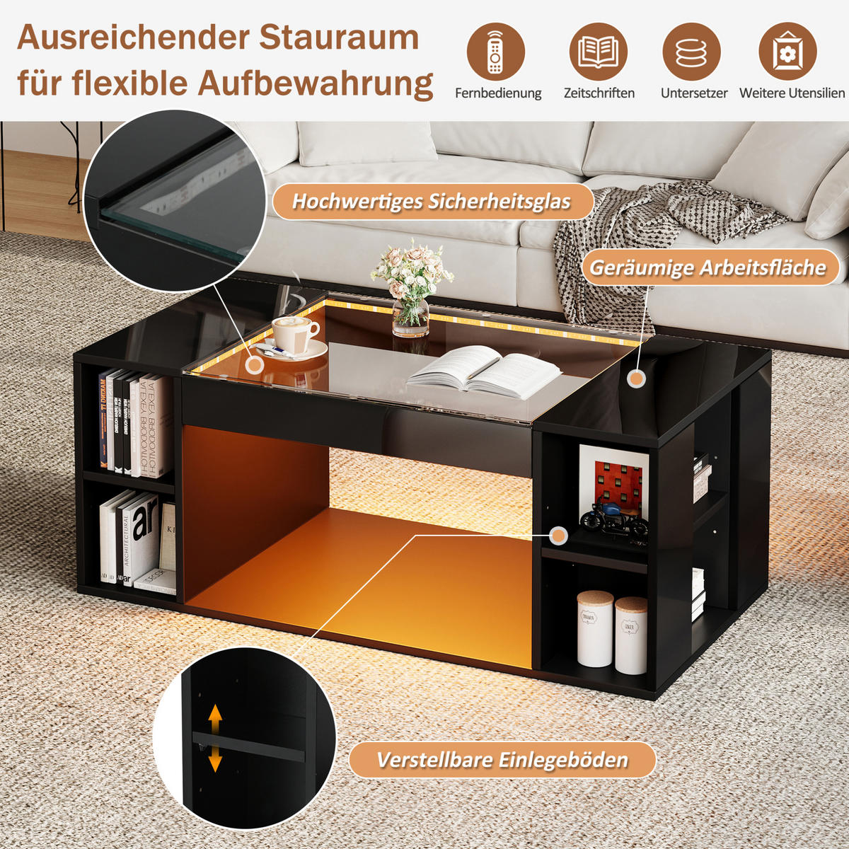 COUCHTISCH 100/50/40 cm mit LED-Beleuchtung, offener Ablage und Glasplatte, Schwarz - Schwarz, Holzwerkstoff (100/50/40cm) - Redom