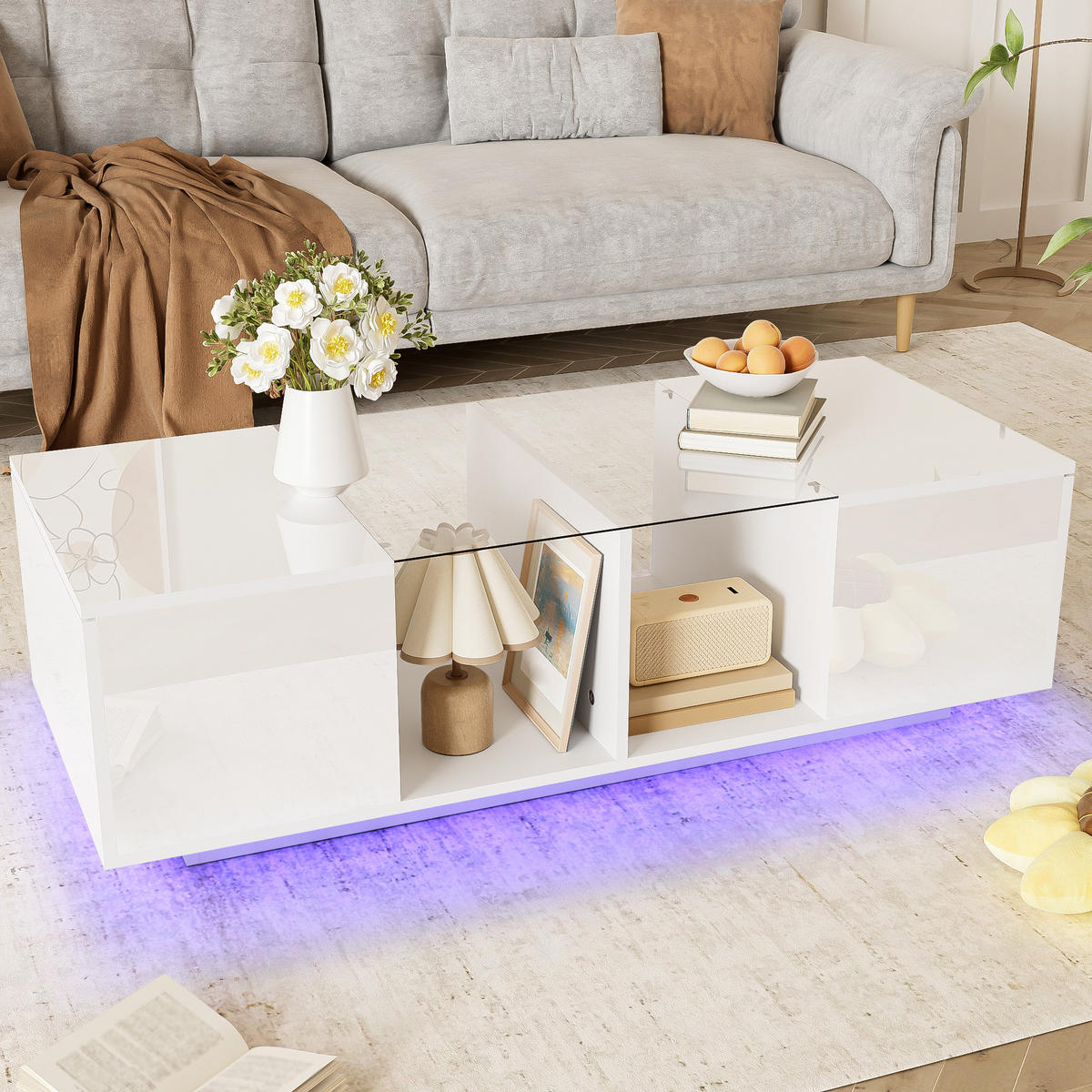 COUCHTISCH 120/50/38,5 cm Weiß Hochglanz mit LED-Beleuchtung - Weiß, Holzwerkstoff (120/50/38.5cm) - Korfee