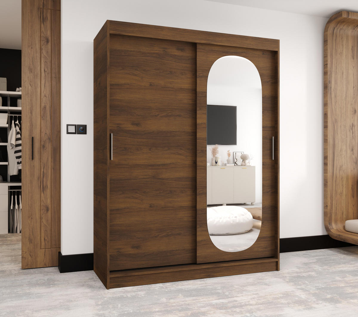 SCHIEBETÜRENSCHRANK mit Spiegel ROYAL 200/150/62 2-türig - Silberfarben/Walnussfarben, Holz (150/62/150cm) - MÖBEL KRYSPOL