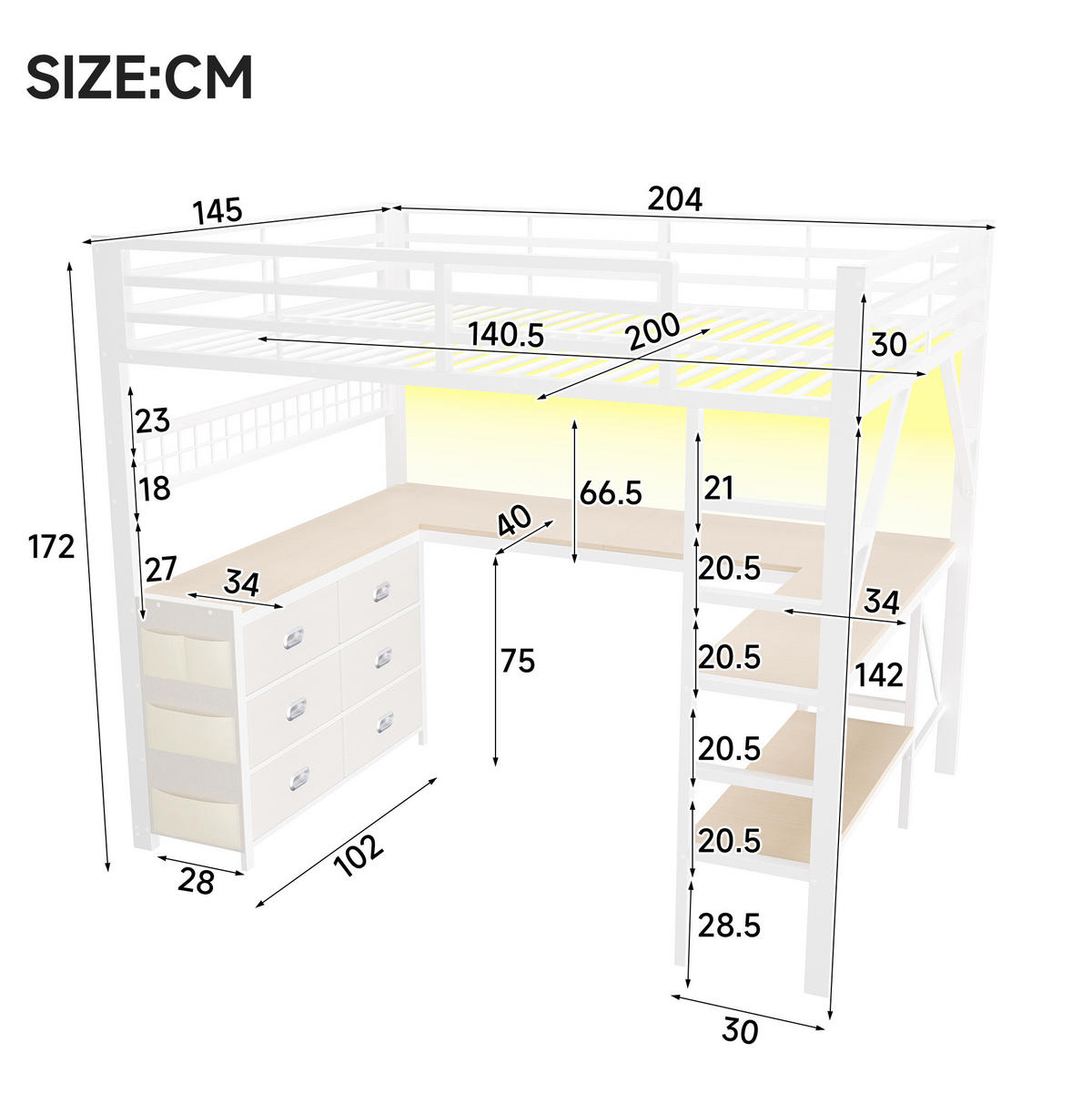 GAMING-HOCHBETT 140x200 cm in Weiß mit Schreibtisch, Schubladen und LED-Beleuchtung - Weiß, Holzwerkstoff (140/200cm) - IVMEU