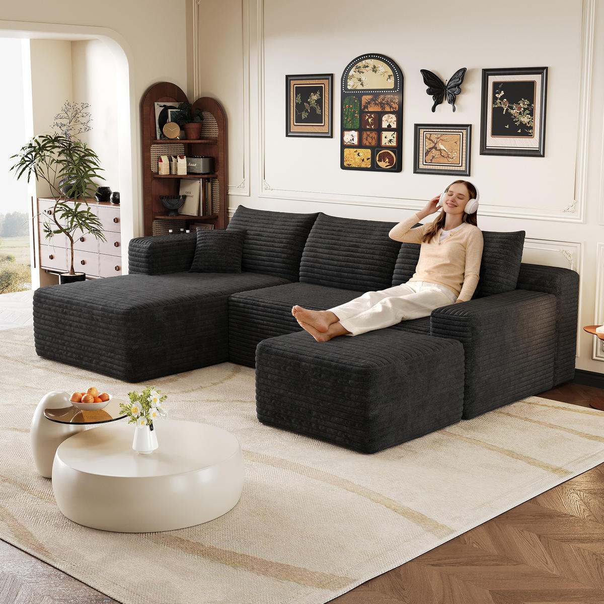 WOHNLANDSCHAFT Cord Schwarz modular, ohne Montage - Schwarz, Textil (241/58/151cm) - WISHDOR