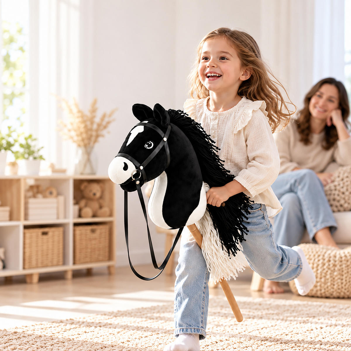 CĂLUȚ Negru pe băț pluș 71 cm cu frâu - negru, material textil/lemn (12/71/29cm) - Relaxdays