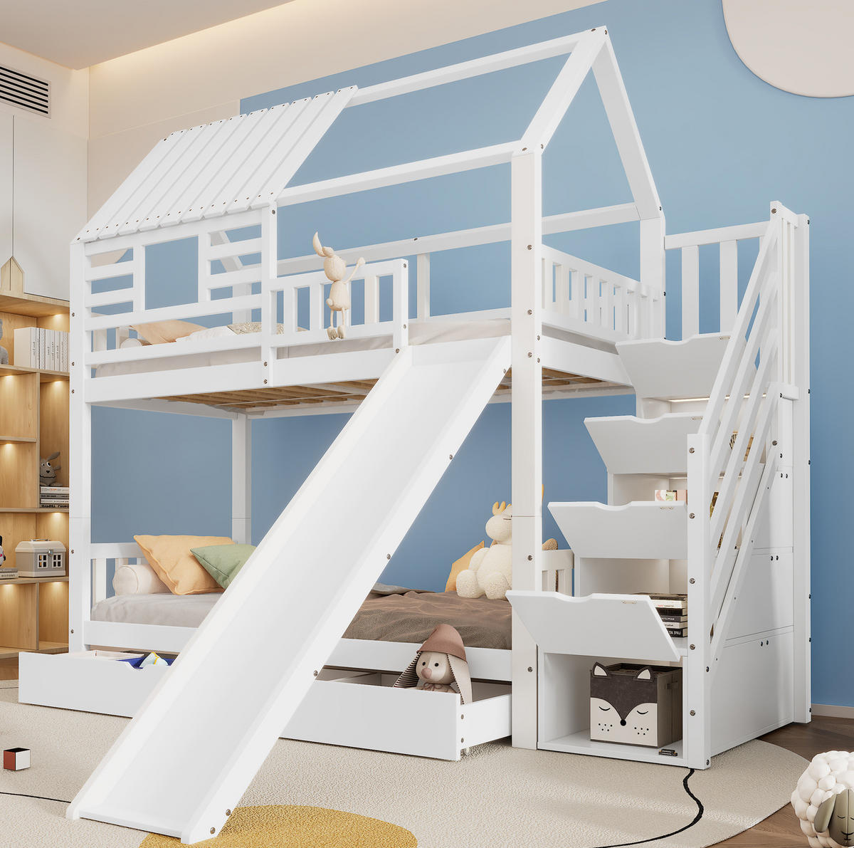 POSCHODOVÁ posteľ 90/200 cm biela so schodmi, šmykľavkou a úložným priestorom z masívneho dreva a MDF - biela, kompozitné drevo (90/200cm) - OKWISH