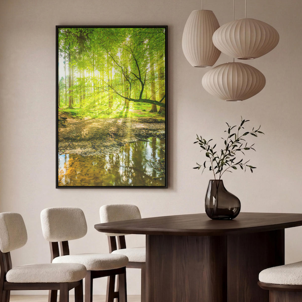 LEINWAND Bilder mit Rahmen - Wald - Landschaft - Wasser - Bäume - Sonne - Grün - Natur - 80x120 - Grün, Textil (80/120cm) - MuchoWow