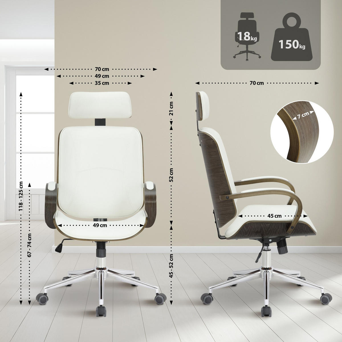 DREHSTUHL Lederlook Weiß/Grau - Weiß/Grau, Textil/Metall (70/118/70cm) - CLP