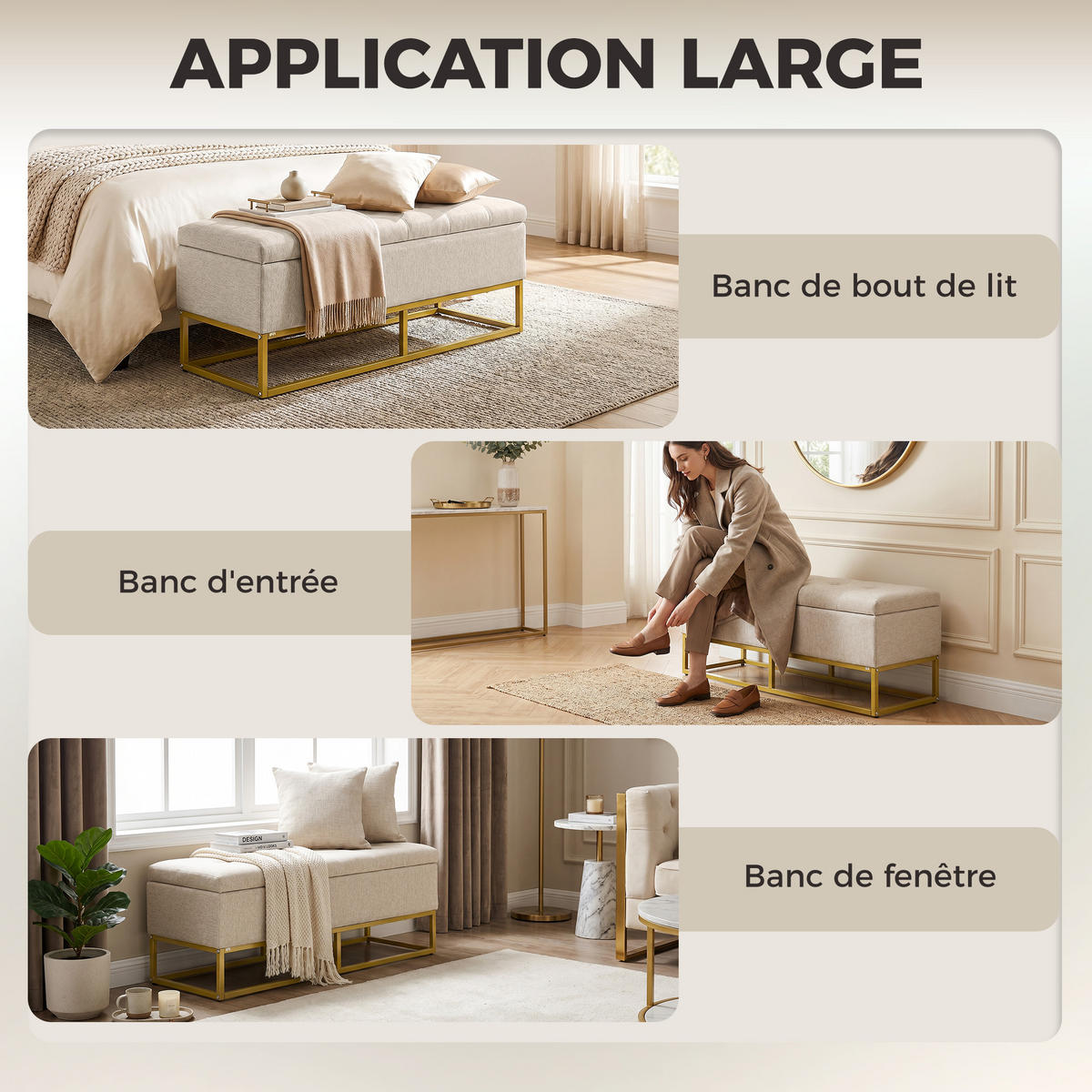 TRUHENBANK DE-16372 gepolstert mit Knopfheftung und Gold-Stahlbeinen Beige/Gold - Beige, Textil (110/48/44cm) - ComfortXL