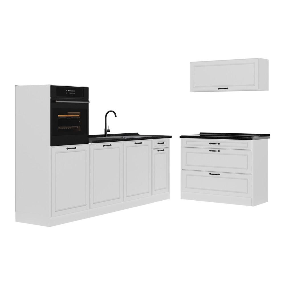 KÜCHENZEILE R-Line, Weiß Landhaus/Weiß, 220 cm Arbeitsplatte Anthrazit - Weiß, Holzwerkstoff (220/143/60cm) - Vicco