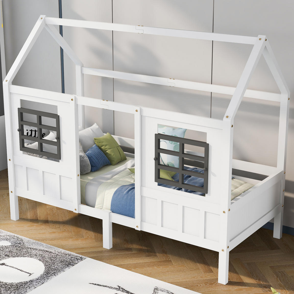 HAUSBETT 200/90 cm Weiß mit Fenstern ohne Matratze - Weiß, Holz (90/200cm) - MIVRAY