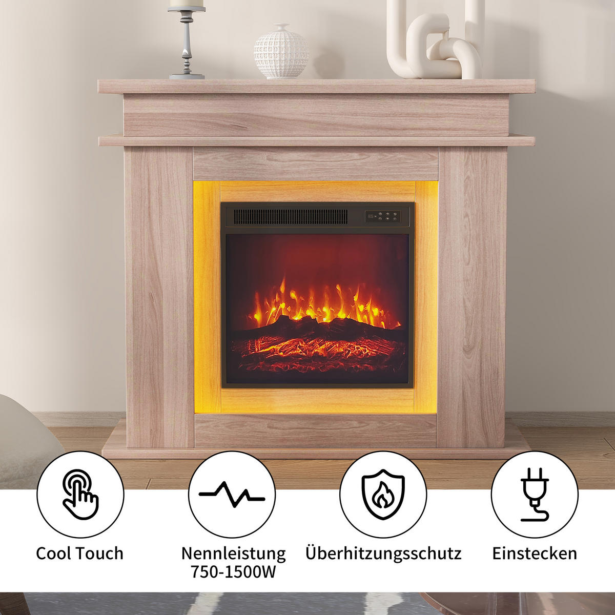 ELEKTROKAMIN, Eiche, mit Möbel, LED multicolor, 3D Flammen, Helligkeit & Farbregelung - Eichefarben, Holz (101/88.8/34.5cm) - EuroLiving