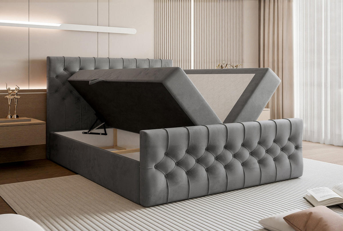 BOXSPRINGBETT Aurora mit Bettkasten, Dunkelgrau Samt 200x200 cm – inkl. H3 Matratze und Topper - Dunkelgrau/Schwarz, Holzwerkstoff/Kunststoff (200/200cm) - WFL GROUP