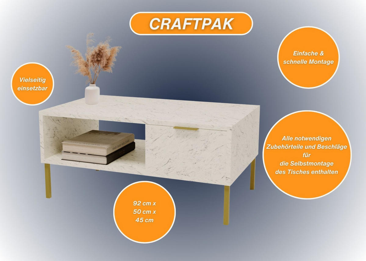 COUCHTISCH mit Stauraum und zusätzlicher Ablagefläche Weiß 92/45/50cm - Goldfarben/Schwarz, Holzwerkstoff (50/92/45cm) - CraftPAK