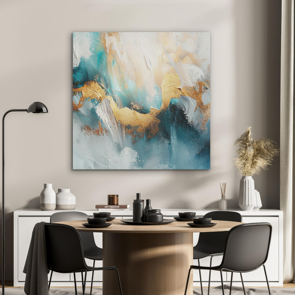 AKUSTIKPANEEL Abstrakt - Kunst - Gold - Blau 90x90 cm - Petrol, Textil (90/0.9/90cm) - MuchoWow