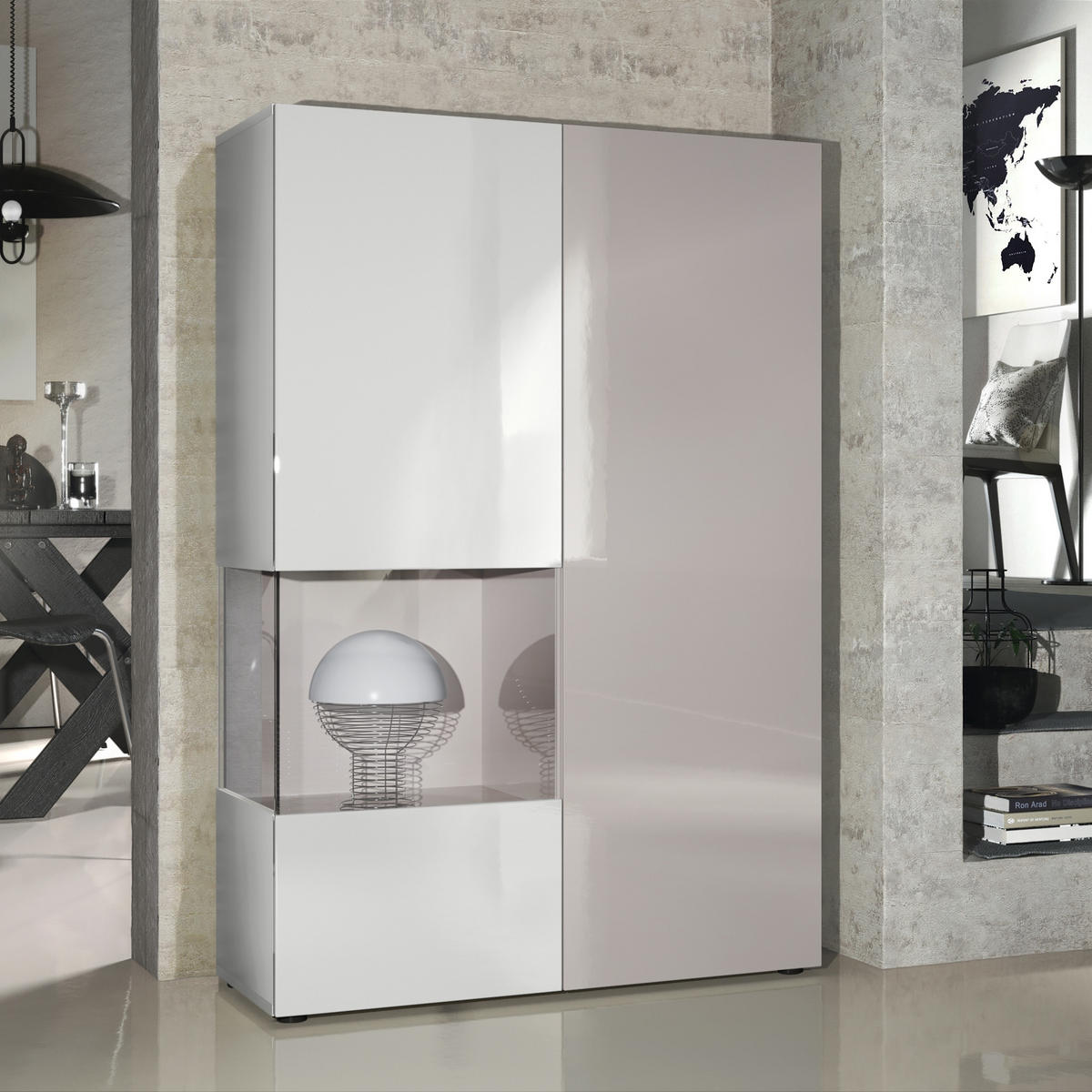VITRINE Morena Tür und Einsatz in Sandgrau Hochglanz - Sandfarben, Holzwerkstoff (91.5/136.5/37cm) - Vladon
