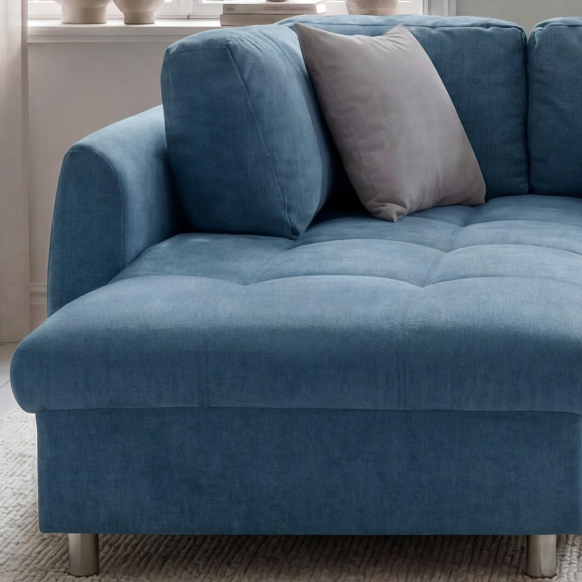 ECKSOFA mit Schlaffunktion, Wellenunterfederung, Ottomane links B250/T190/H84 cm, Liegefl. 179x190 cm, Mikrofaser Blau / 17108 - Blau/Chromfarben, Textil/Metall (250/190cm) - luma-home