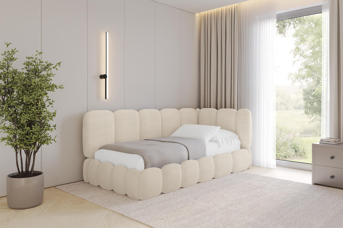 EINZELLBETT Jugendbett mit Bettkasten und Matratze H3/H4, Links - AVRY 80x200 Beige - Creme, Holzwerkstoff/Textil (80/200cm) - ALTDECOR