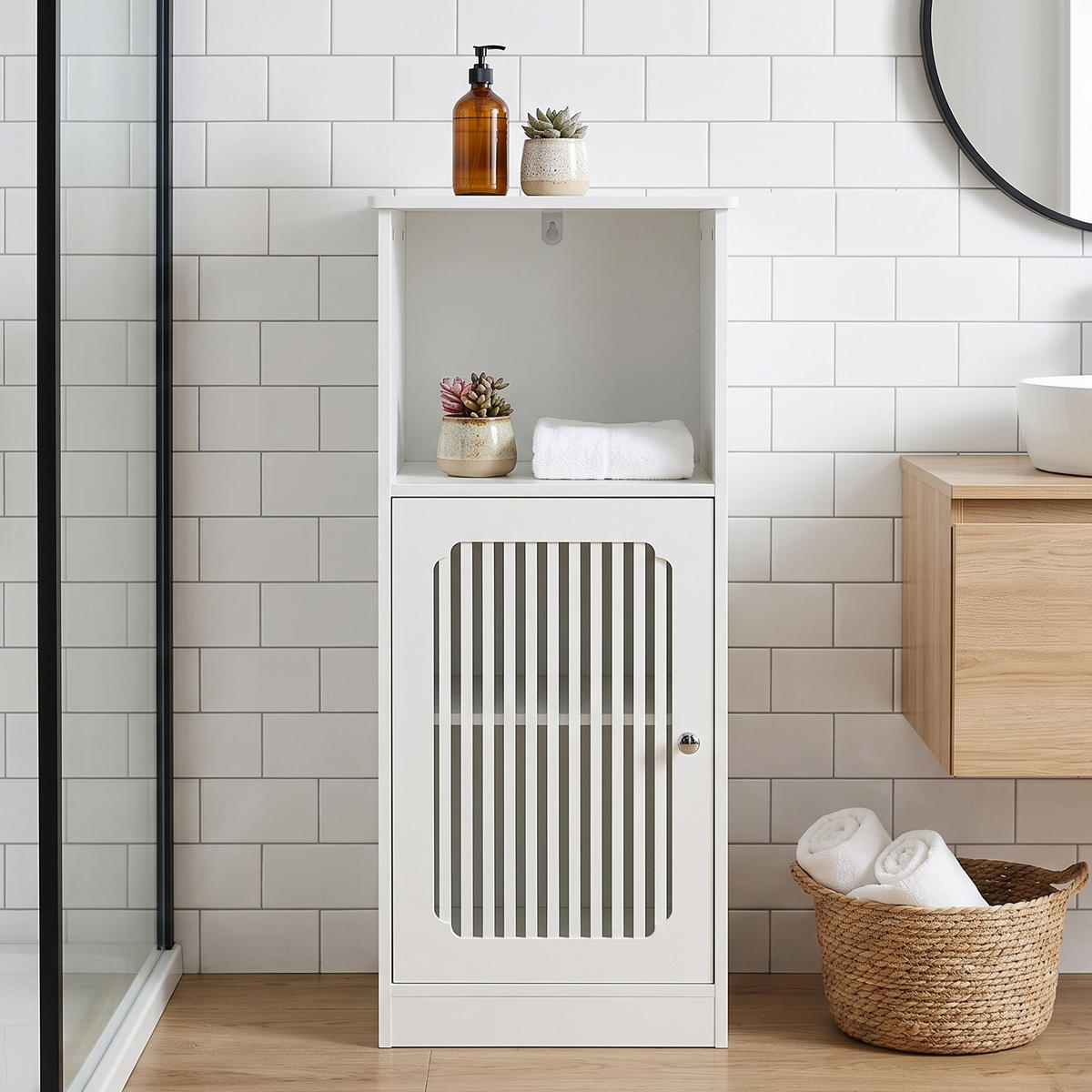 BADEZIMMERSCHRANK Weiß Freistehend mit Lamellentür & Verstellbaren Einlegeböden - Weiß, Holzwerkstoff (36/86/30cm) - Urban Meuble