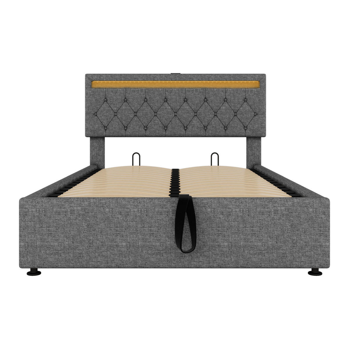 FLACHBETT 140x200cm Grau gepolstert LED Hydraulik USB-C Stauraum - Grau, Holz (140/200cm) - FLIEKS