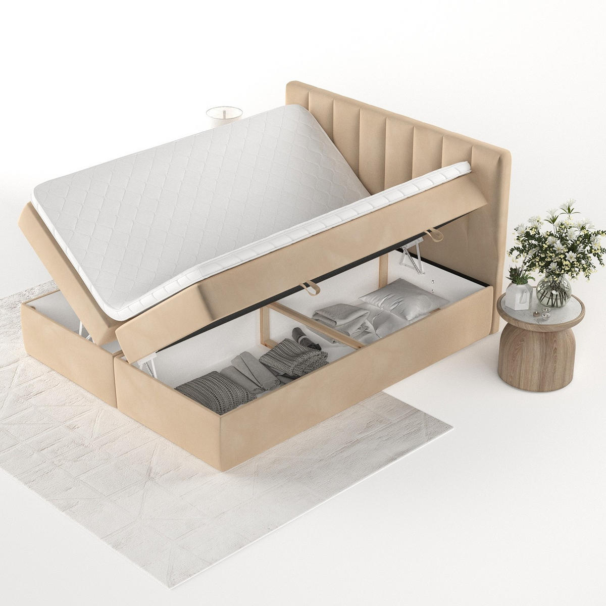 BOXBETT Bari 160/200 cm Beige im Kronos Stoff - Beige, Holz/Holzwerkstoff (160/200cm) - AltaBeds